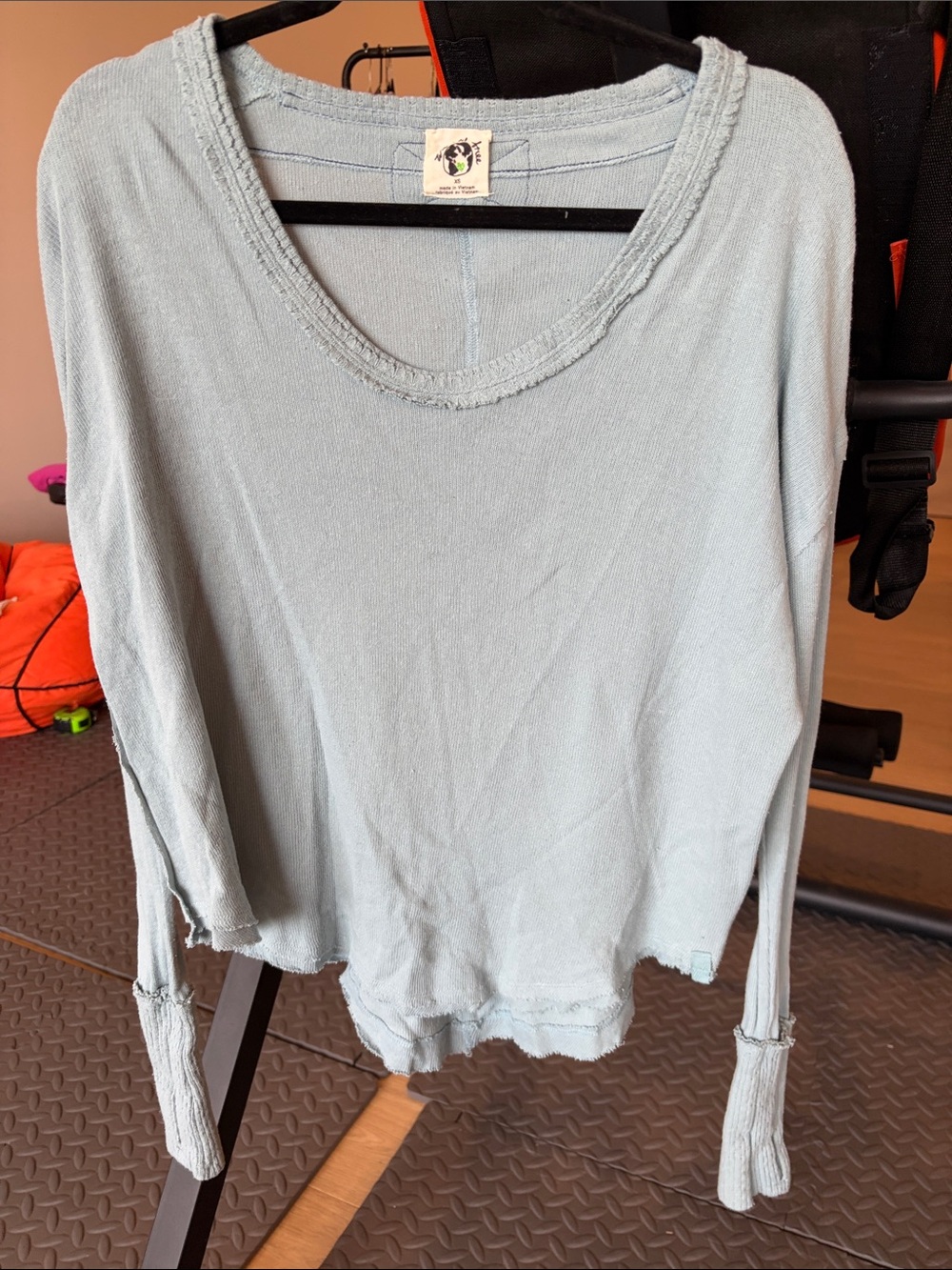 Free People Pale Blue Long Sleeve Raw-Edge Scoop Top